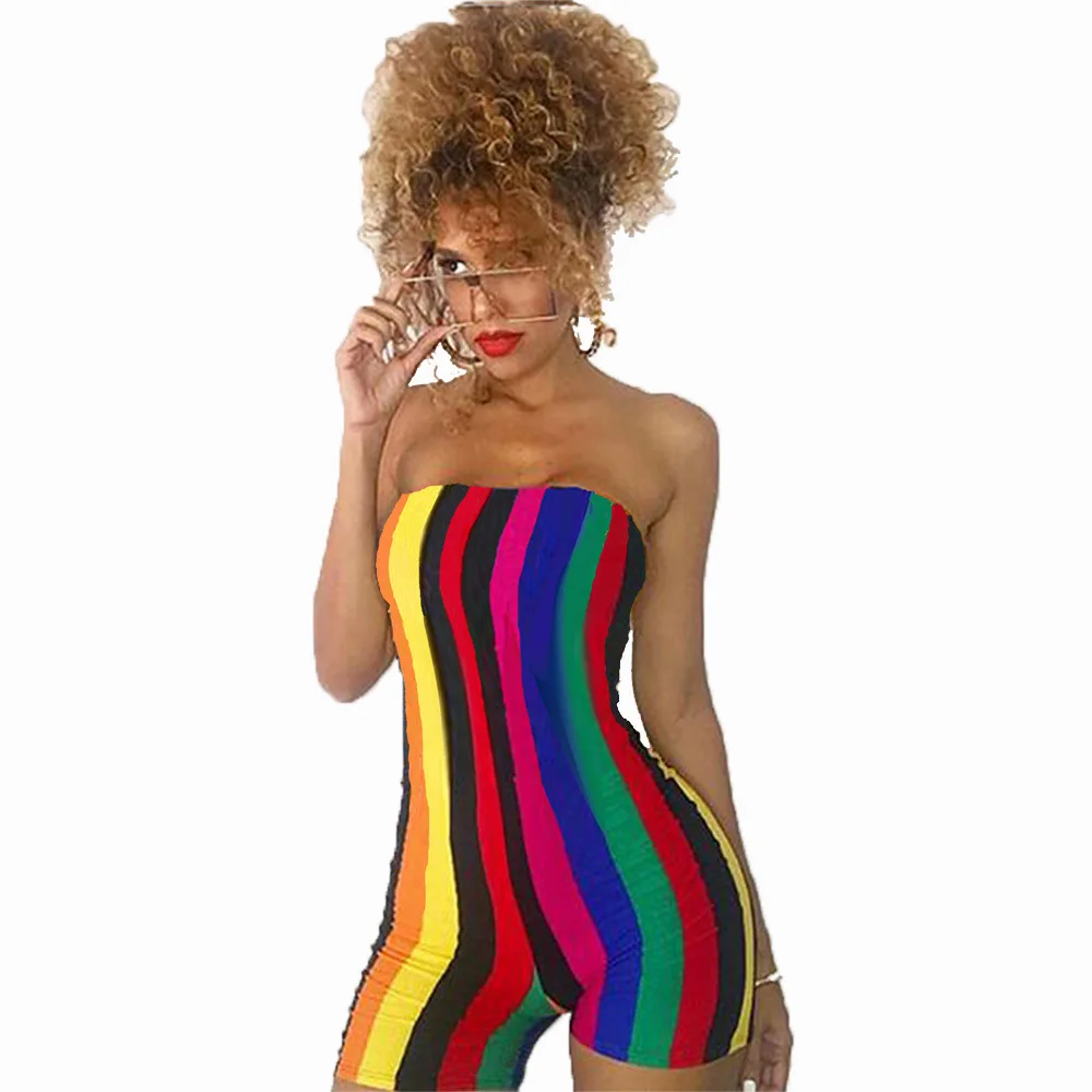 

Women's Colorful Striped Rompers Summer Strapless Tube Top Casual Off-Shoulder Short Jumpsuit