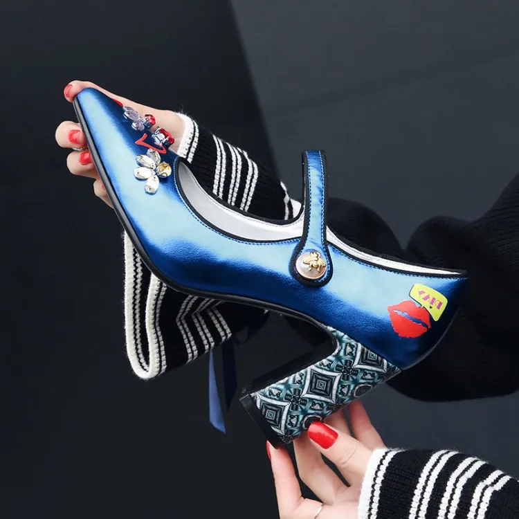 Туфли-лодочки Mary Jane Королевского синего цвета из кожи со стразами женские туфли в