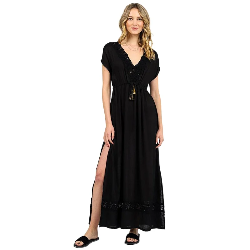 

Summer Lace Stitching Cotton Bikini Cover Up Sexy V-neck Slit Beach Long Dress Seaside Vacation Robe Swimsuit Cover Up Women