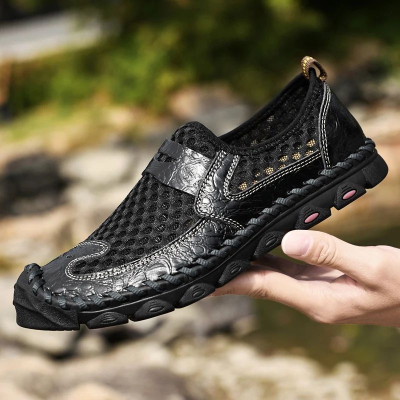 

Cexian Large Size Leather Hand-sewn Casual Mesh Shoes Men's Shoes