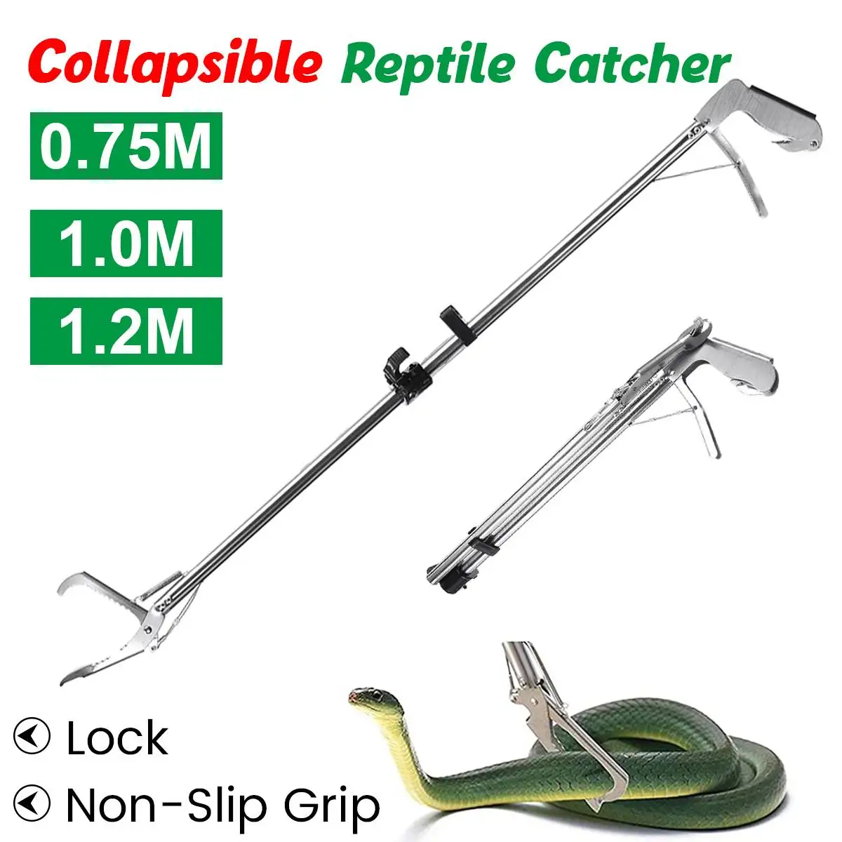 Pinzas de serpiente plegables de acero inoxidable, herramienta de Control de reptiles, pinza de mand&iacute;bula ancha para atrapar reptiles, 0,75/1/1, 2m-0