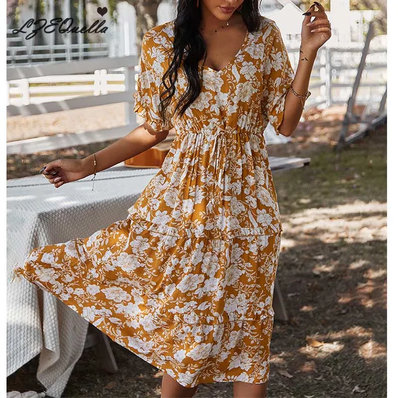 LZEQuella 2021 New Summer Floral Print Boho Dress Women Casual Short Sleeve Ruffles Long Chiffon Dresses Beach Sundress Vestidos