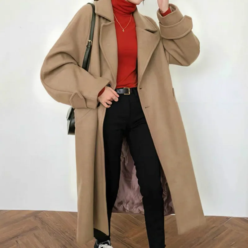 

Blends Women Hepburn Style Winter Leisure New Prevalent Thicker Long Wool Turn-down Collar Temperament Fashion Female All-match