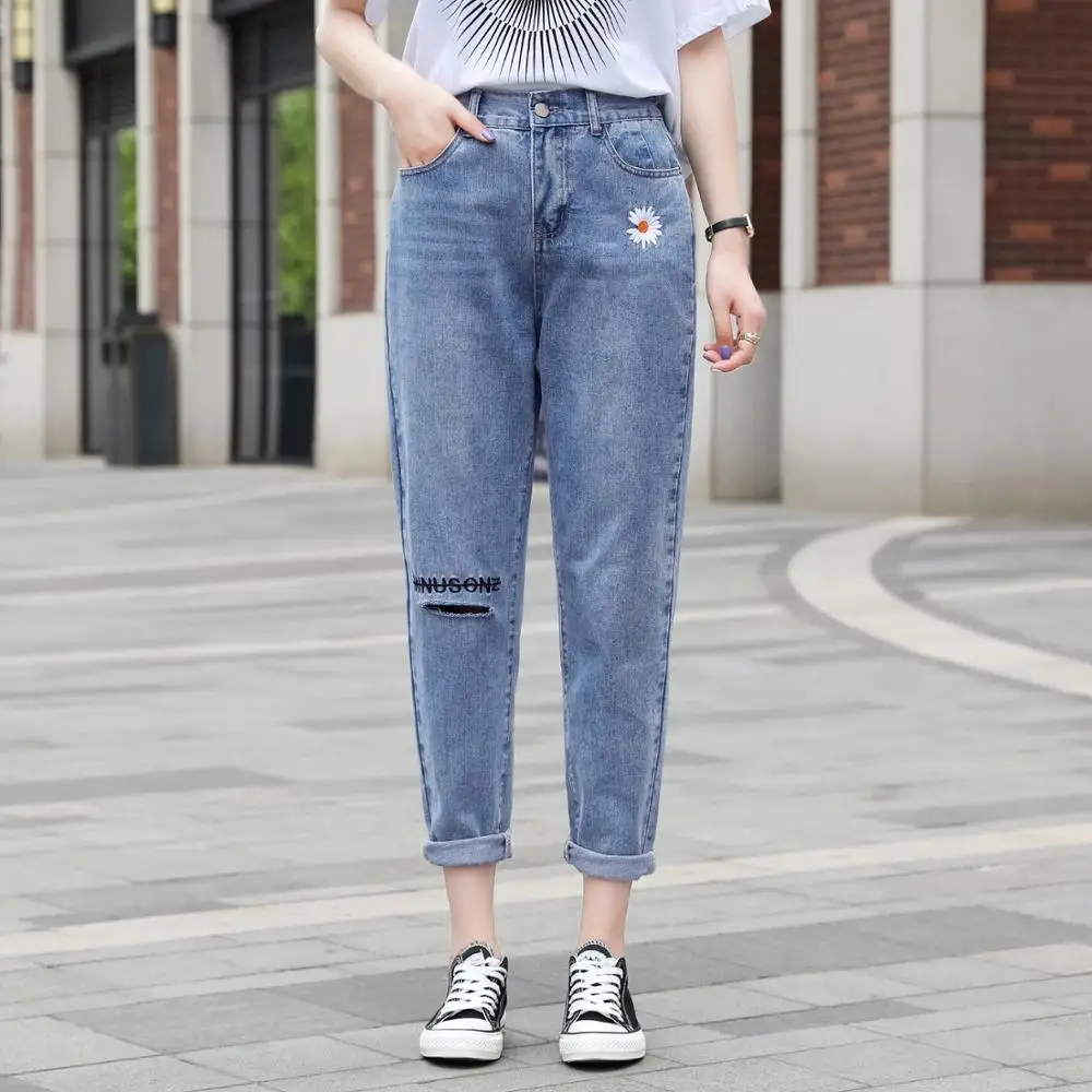 Осень зима 2020 новые джинсы с вышитой маргариткой для папы женские повседневные