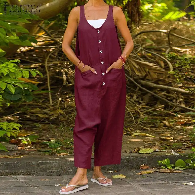 

ZANZEA Women Overalls Vintage Sleeveless Cotton Linen Jumpsuits Summer Rompers Casual Playsuits Solid Loose Wide Leg Suspenders