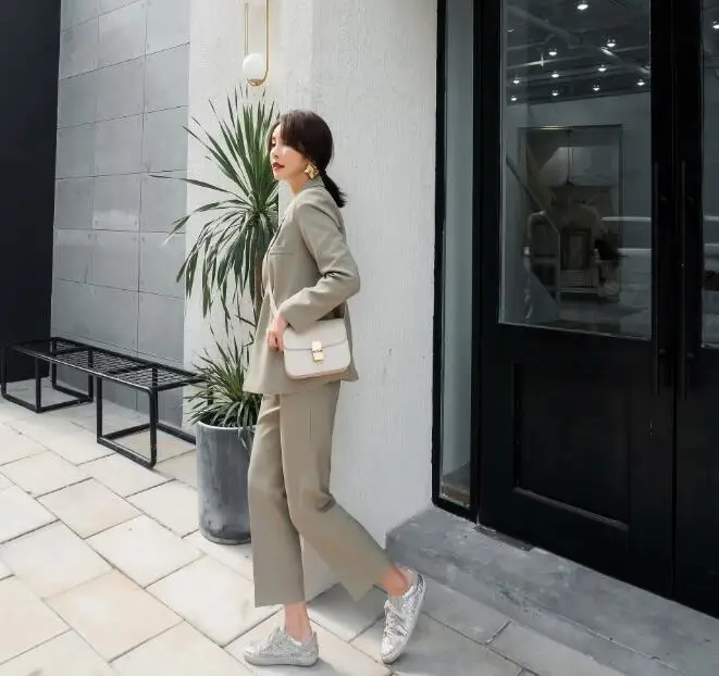 

Casual Solid Women Pant Suits Notched Collar Blazer Jacket & Pencil Pant Black Female Suit Spring 2020 high quality