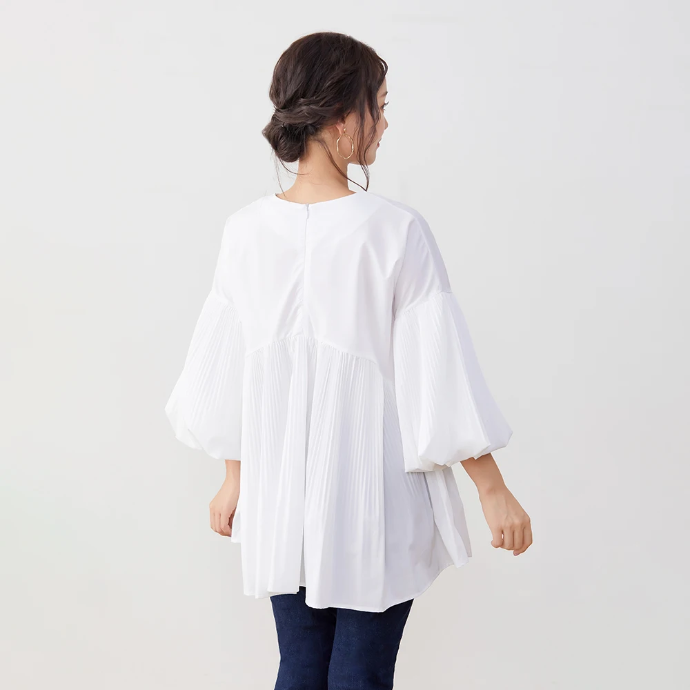 

Women White Blouse 2021 Hot Spring Nine Point Sleeve Female Patchwork Women Japan Style Female Pleated Shirts Casual White Tops