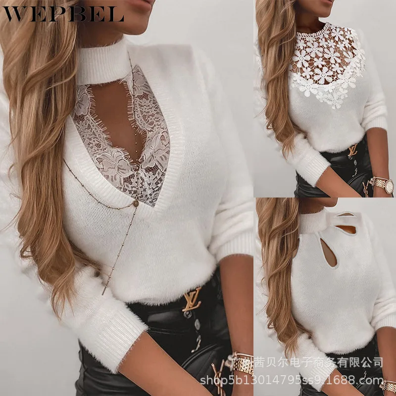 

WEPBEL Sweater Women's Casual Lace Stitching Hollow Out Sweater Autumn Sexy O-Neck Long Sleeve Solid Color Slim Fit Sweater