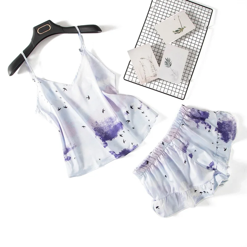 

Women's new summer suit vest shorts pajamas suit Sexy ice silk satin strap set Comfortable, cool,soft,silky,stylish home service