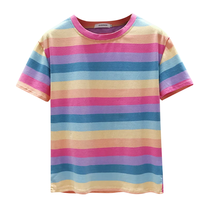 

Rainbow Striped Short Sleeve T Shirt Women 2021 Summer Korean Loose Tee Shirt Femme Basic Tshirt Fashion Ins Tops