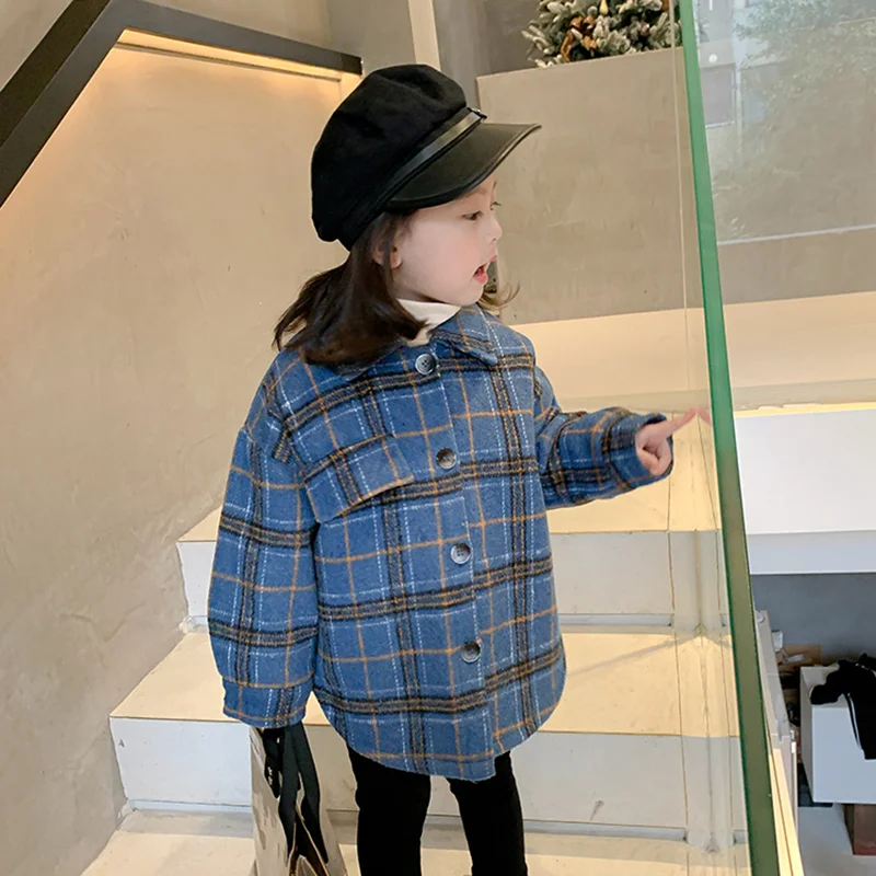 

Girls Jackets Autumn Winter Clothes Medium Long Models Kids Plaid Thickened Lamb Fashion Design Children's Woolen Cloth Coats