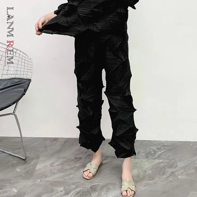 LANMREM 2020 Свободные плиссированные брюки большого размера средняя талия
