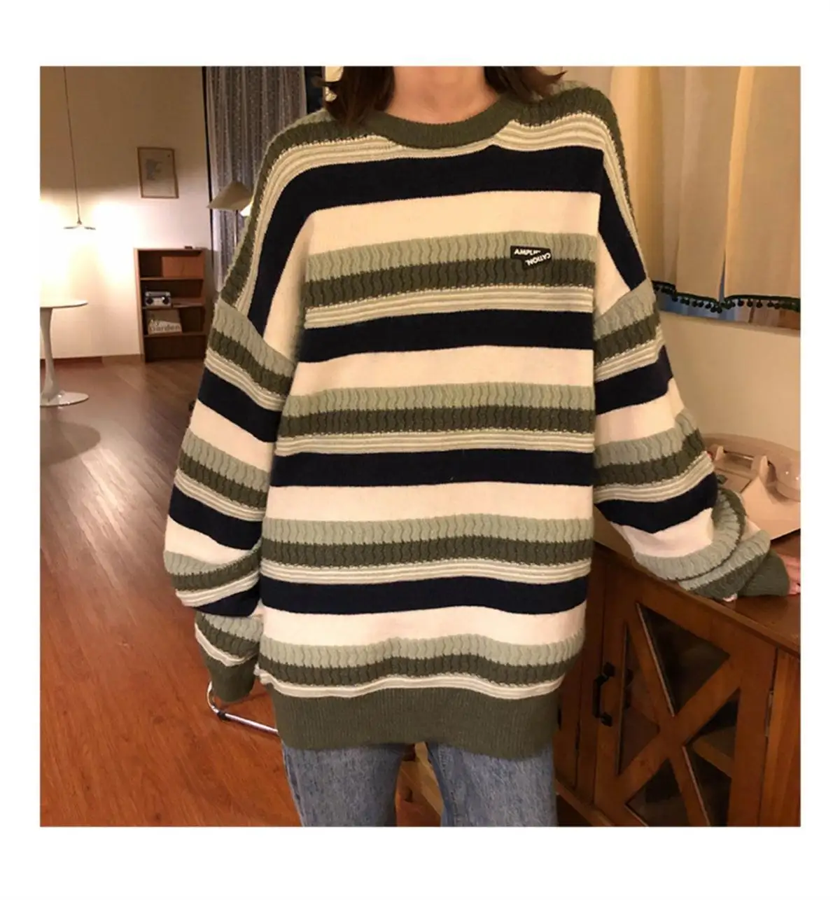 

Женский винтажный зимний свитер в полоску, женские повседневные большие размеры, Зимние пуловеры в стиле хип-хоп BF унисекс для пар, топы