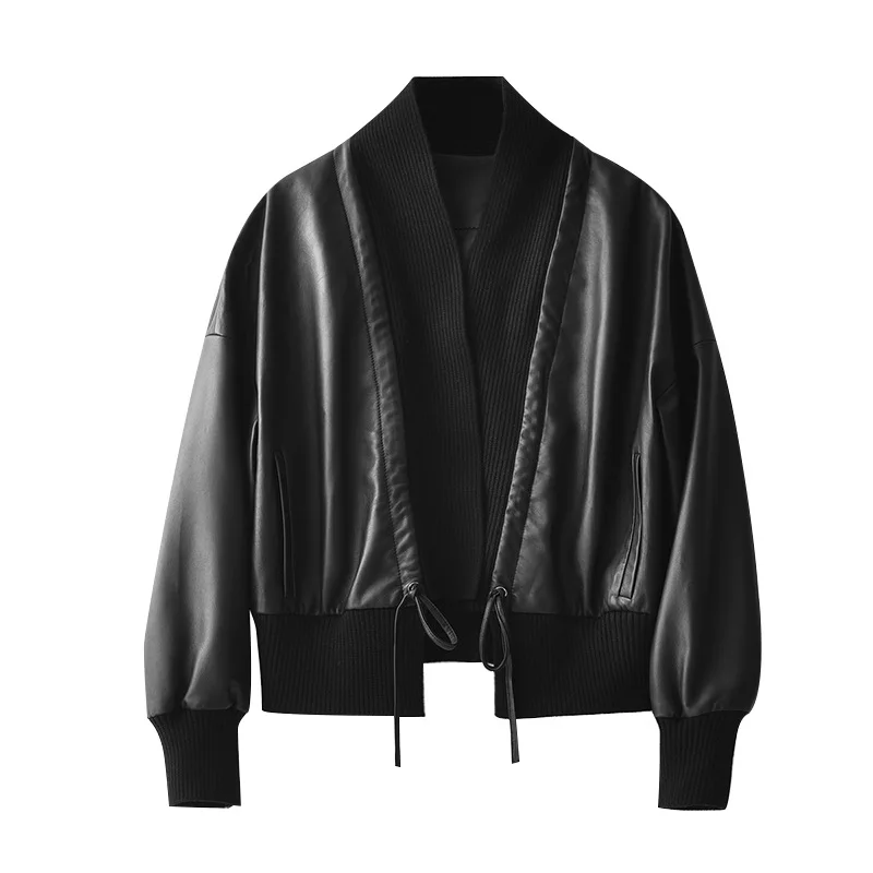 

SHUCHAN Genuine Leather Jacket High Street Sheepskin Spring/Autumn V-Neck Short Style High Quality Leather Jacket 2021