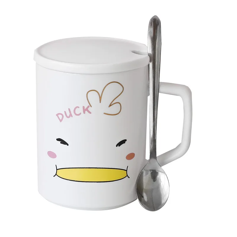

Cartoon Duck Ceramic Mug with Spoon and Lid Cute Breakfast Oatmeal Milk Water Mug Home Drinkware Teacup Coffee Cup Birthday Gift