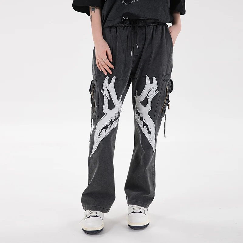 

Джинсы в стиле Харадзюку для мужчин и женщин, прямые брюки из денима в стиле ретро с потертыми карманами и завязками, свободные штаны в стиле...