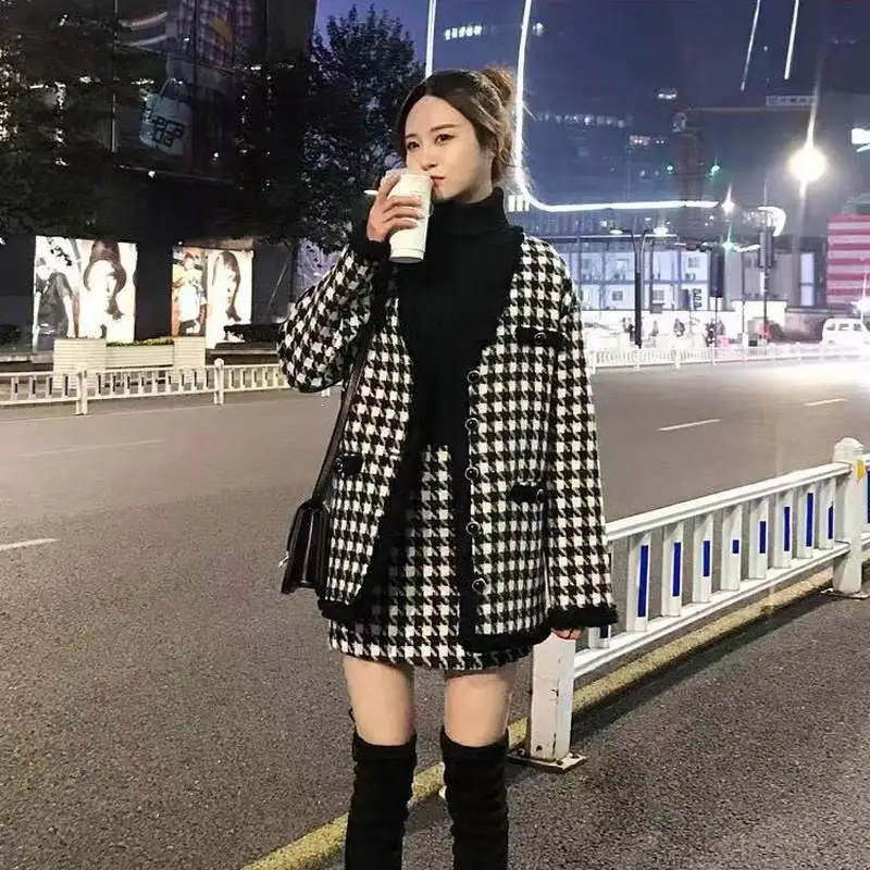 Осенняя мода карманы большие размеры Женский комплект 2 шт. длинный рукав высокая талия клетчатый твидовый