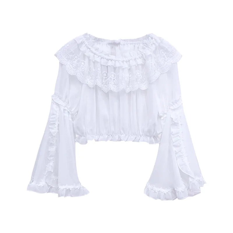 

Kawaii Japanese Lolita dress soft sister lace Lolita tops a character collar Ji sleeve trumpet sleeve chiffon shirt women