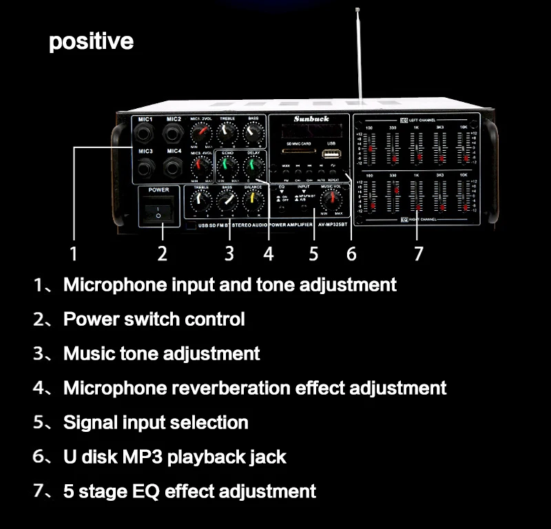 

Vogue 200W*2 220V AV-325BT 290*240*100MM Bluetooth 2.0 Channel Power Amplifier Home K Song Card Reader Radio EQ Mixer Amplifier