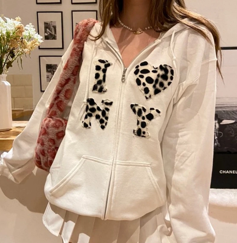 

Women's Long Sleeve Hooded Sweater Cardigan Adult Leopard Print Letter Pattern Shirt Pocket Drawstring 2021 Loose College Style