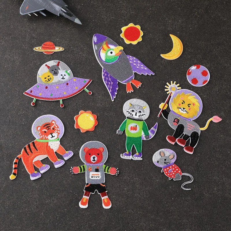 

Small Animal Iron On Tiger Moon Embroidered Pacthes On Clothes Sun Space Cat Frog Patch Spaceship Rocket Applique Stickers Patch