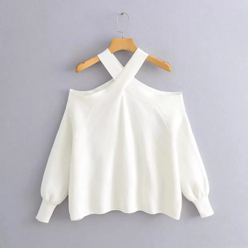 

2020 spring fashion ladies elegant knitted pullovers female knitwear soft girls chic tops women cross halter sweaters