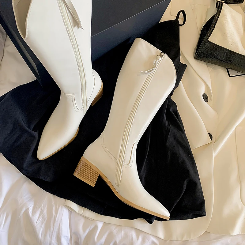 

Elegant Fashion Winter Newest Knee High Boots Genuine Leather Pointed Toe Thick Heels Pumps 2021 Party Casual Shoes Woman