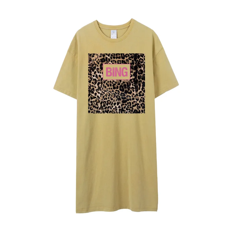 

Print Long Rock Leopard Letters T-Shirt Summer Women Short Sleeve O-Neck Pullover Tops Tee Dress clothes women plus size