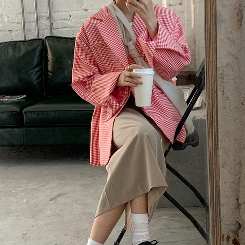 

Women Office Lady Loose Work Blazer Suit Sungtin Korean Casual Plaid Blazer Jackets Coat Vintage Elegant Oversized Outwear Chic