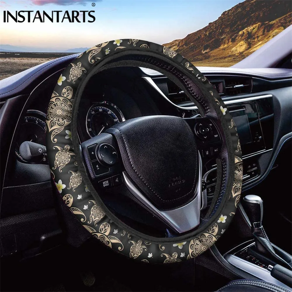 

INSTANTARTS Polynesian Tribal Pattern Tortoise Car Steering Wheel Cover for Women Easy to Install Washable Steering Wheel Covers