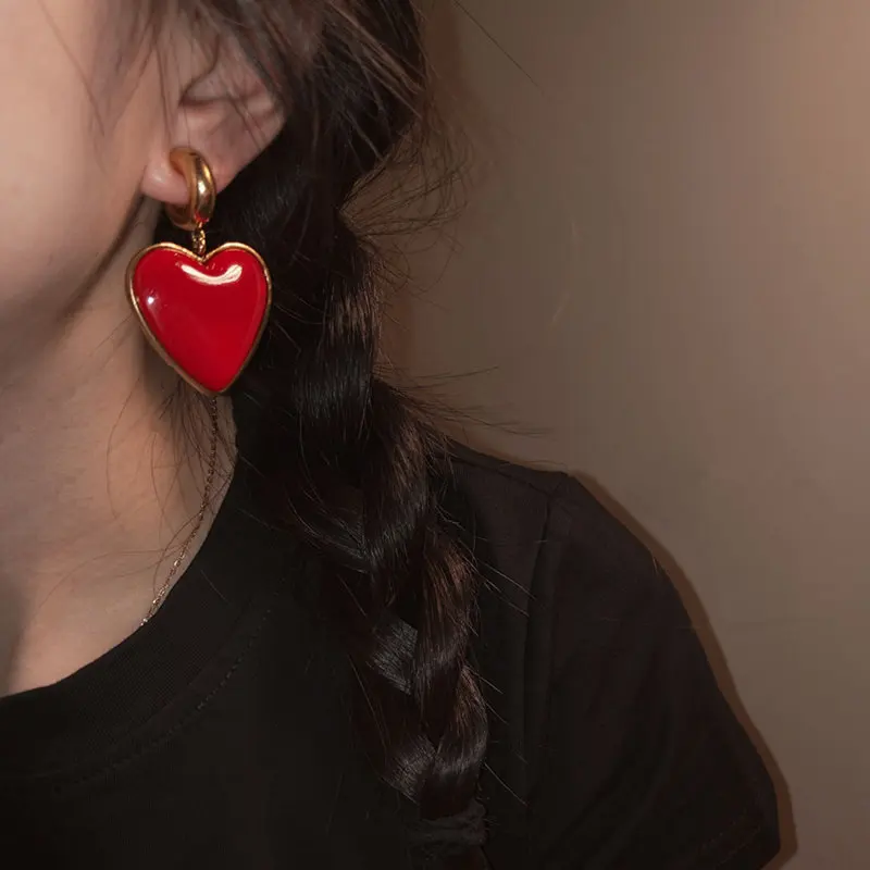 AOMU Vintage Lovely Exaggeration Red Heart Pendant Earring S925 Sterling Silver Pin Drop Dangle Earring For Women Jewelry Set
