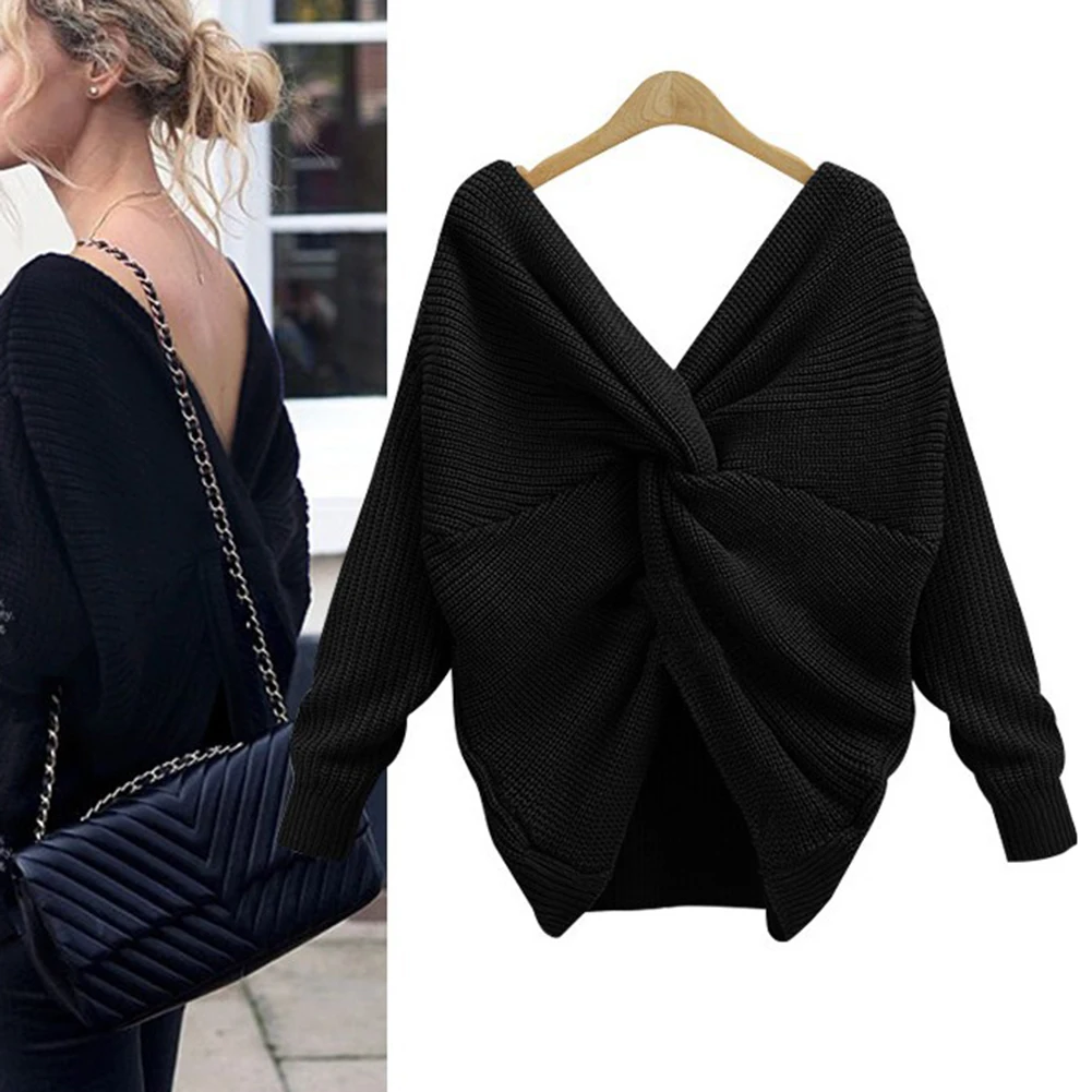 Autumn Winter Women Sweaters Twisted Backless Jumpers Solid Color Slim V Neck Sweater Jumper | Женская одежда