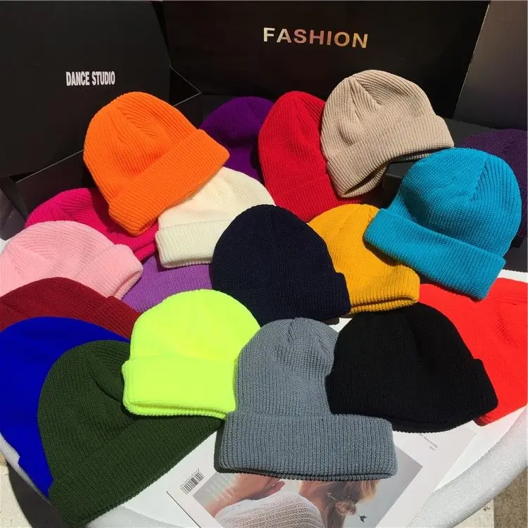 

Men Women Winter Autumn Solid Color Warm Woolen Knitted Cap Fluorescent Cuffed Beanie Hat Female Caps Warmer Bonnet Casual Cap