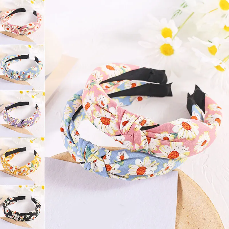 

Women Hair Accessories Daisy Hair Hoop For Girls Cross Knotted Head Hoop Sweet Flower Print Headband Wide Brim Headwear