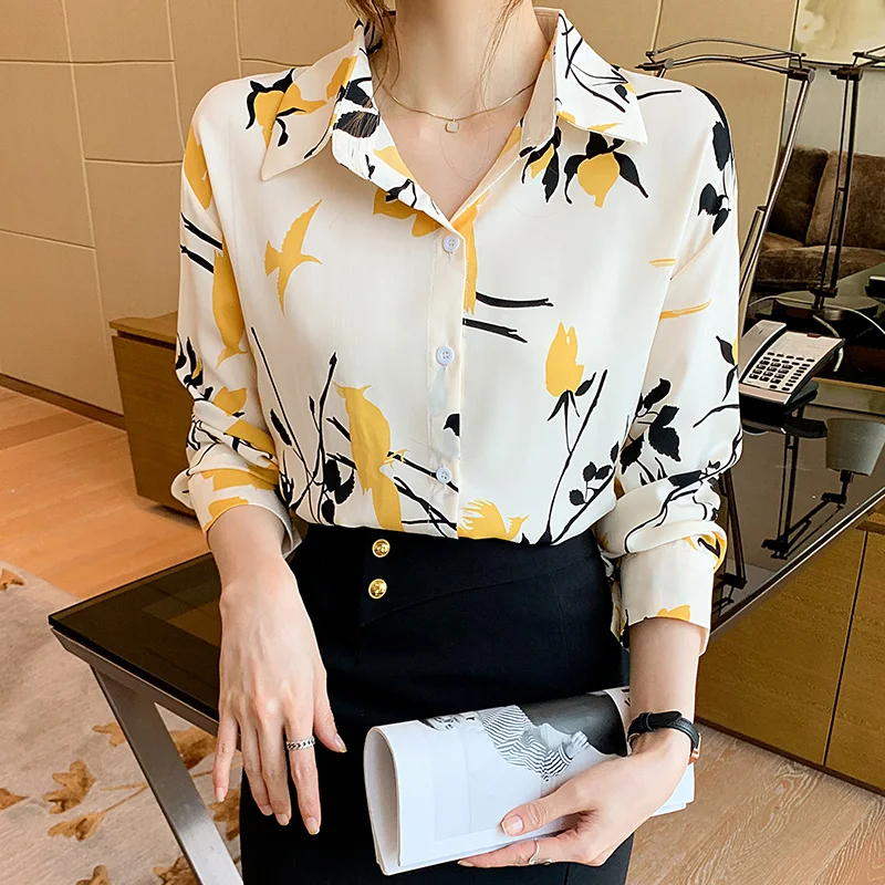 

Print Chiffon Women's Blouse Polo Girl's Shirt. Spring Autumn Long Sleeve Top Fashion Clothing Casual Lady Blusas Houthion
