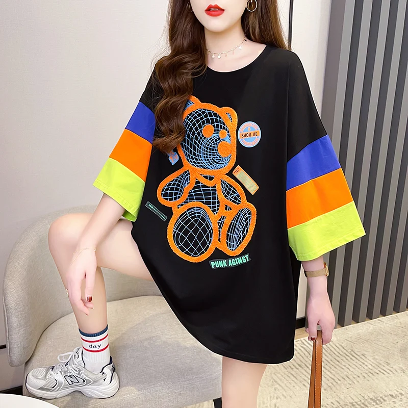 

Women T-Shirt 2021 Summer Blouse O-Neck Bear Print Loose Fashion New Tops Casual Plus Size Women Shirt Female Clothes Ladies Top
