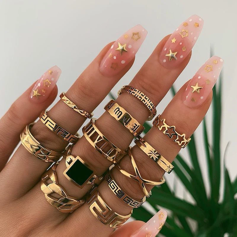 

Bohemian Gold Chain Rings Set for Women Fashion Boho Geometric Stars Snake Ring Party Trendy Jewelry Accessories Female Gift