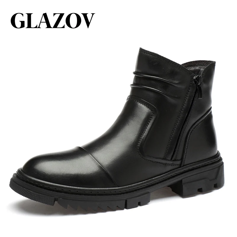 

GLAZOV Winter Boots for Men Chelsea Boots Pointed Toe Zip Business Male Sewing Solid Vintage Short Boots Warm Plush Casual Shoe