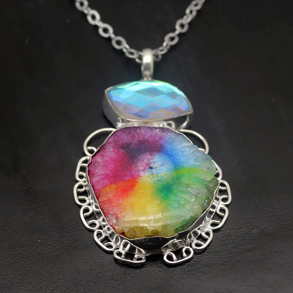 

Natural Unique Solar Quartz MysticTopaz Silver Color Pendant Necklace Charm Gifts 77CM HD15