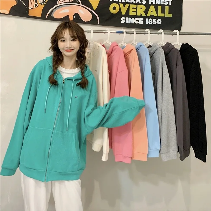 

Women's sweater hoodie oversized mini fleece hooded zipper sweater cardigan women's fall 2021 new loose solid color jacket
