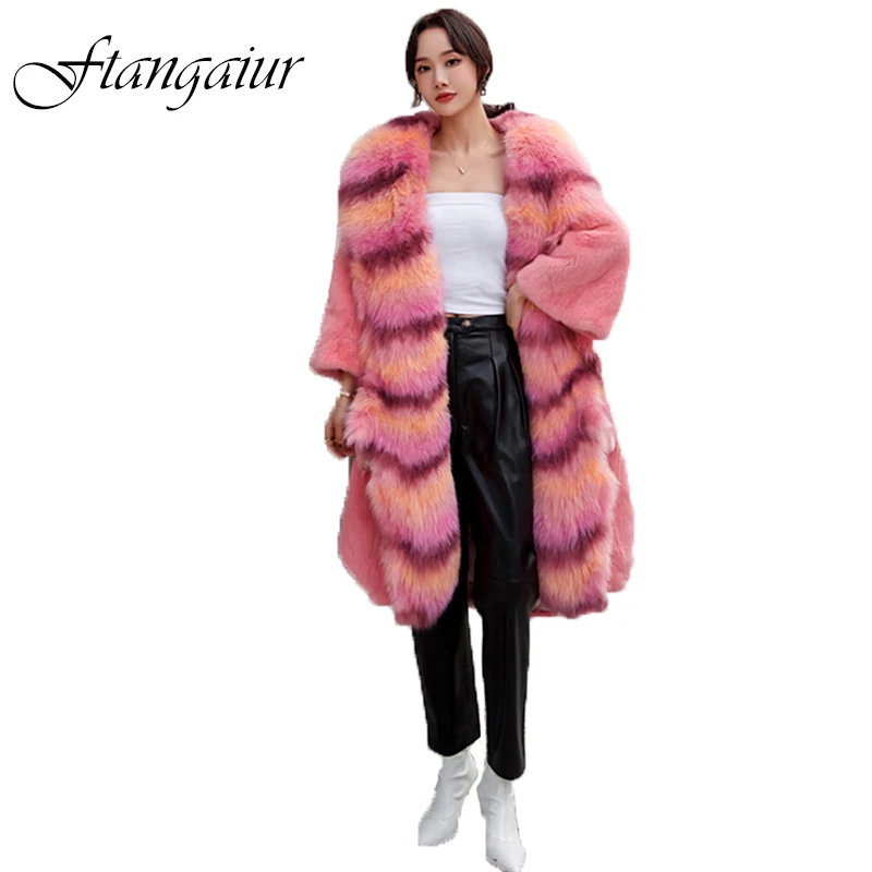 

Ftangaiur Winter Import Velvet Mink Fur Coat Flare Sleeve Golden Island Fox Fur Women Medium Slim Natural Real Mink Coats