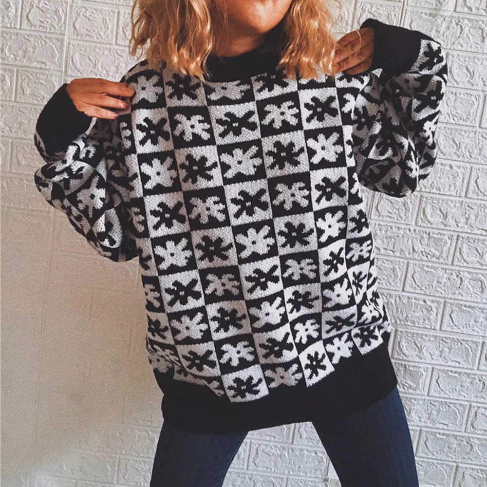 

Women's Autumn New Sweater Casual Fashion Commuter Style Long-sleeved Round Neck Checked Pattern Warmth Slim Knitted Pullover