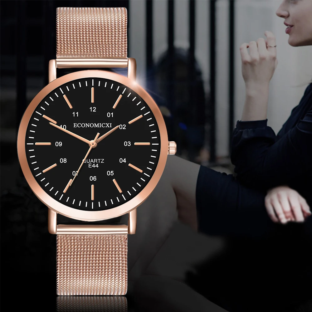 Модные повседневные женские часы с розовым тонким сетчатым ремешком