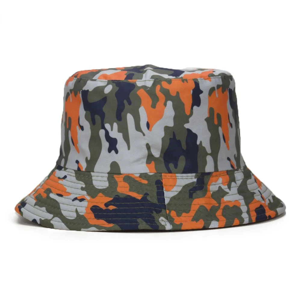

New Summer Outdoor Camouflage Fisherman Hats For Men Women Green Orange Double Sided Beach Sun Shade Wide Brim Bucket Hat 2021