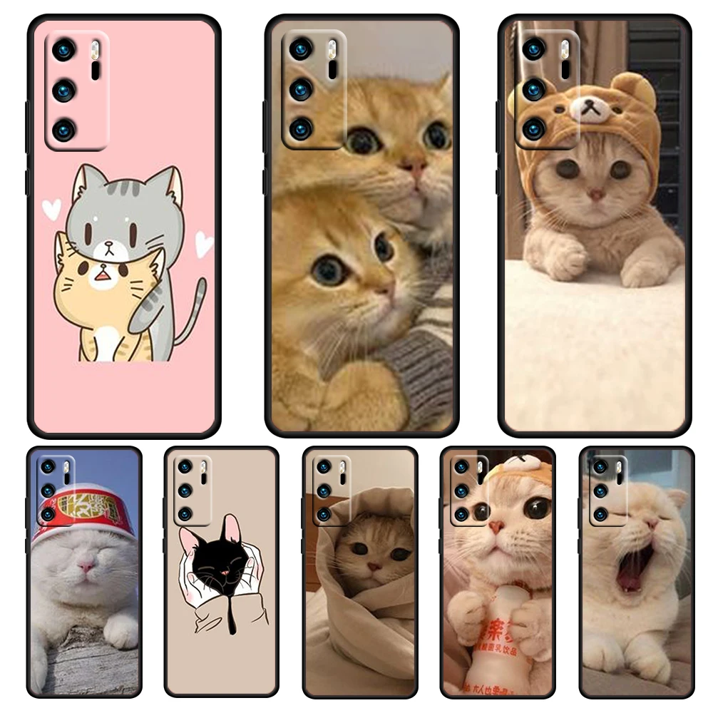 

Cute cat funny cartoon For Huawei P50 P40 P30 P20 Pro Plus 5G 2019 E P10 P9 Lite mini 2017 Silicone Soft Black Phone Case