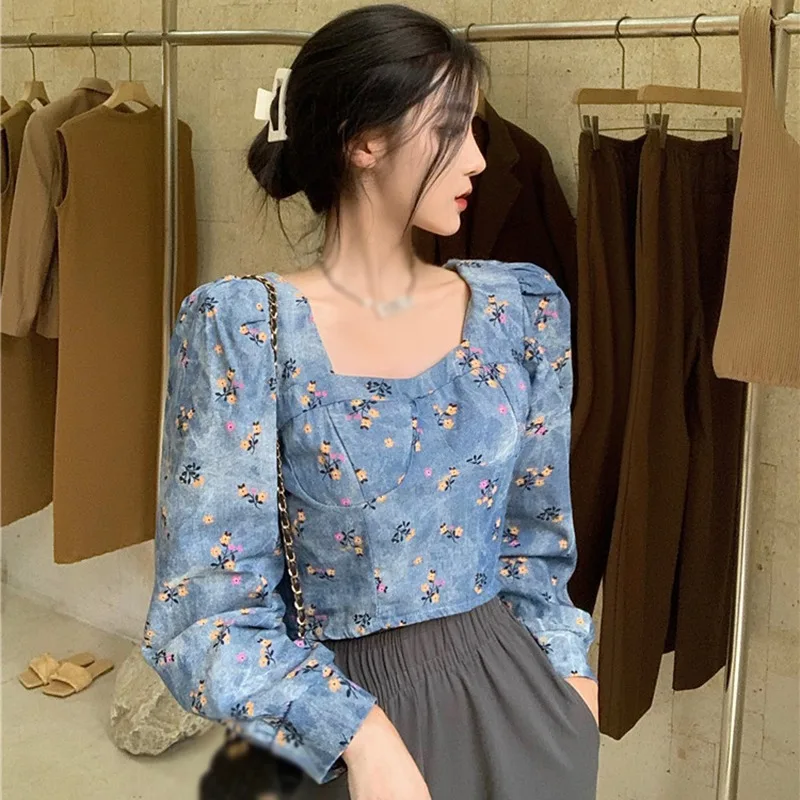 

Women's Floral Square Collar Exposed Navel Long Sleeve Denim Shirt Blouses