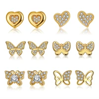 kiss mandy 14k gold plated butterfly heart with shiny cubic zirconia 925 sterling silver stud earring women jewelry gifts ape