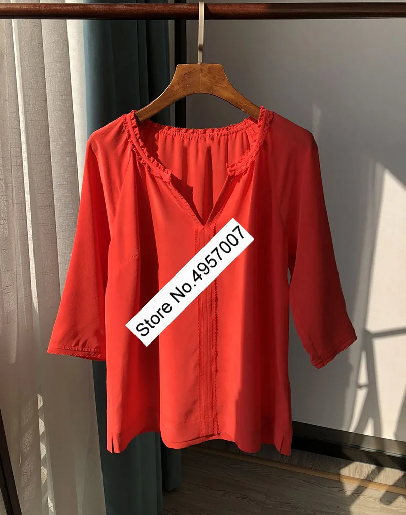 Женская шелковая блузка ElfStyle с рукавом до локтя и гофрированным воротником