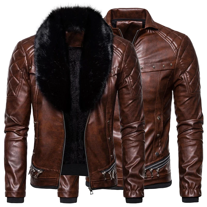 

Men's Winter Leather Jacket Fur Collar Detachable Faux Leather Motocycle Jackets Coats Casual PU Biker Jacket