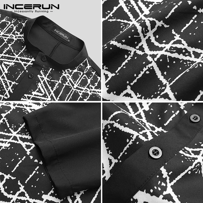 

INCERUN Leisure Printed Muslim Robes Men Long Sleeve Stand Collar Jubba Thobe Fashion Buttons Patchwork Kaftan Islamic Robes 5XL